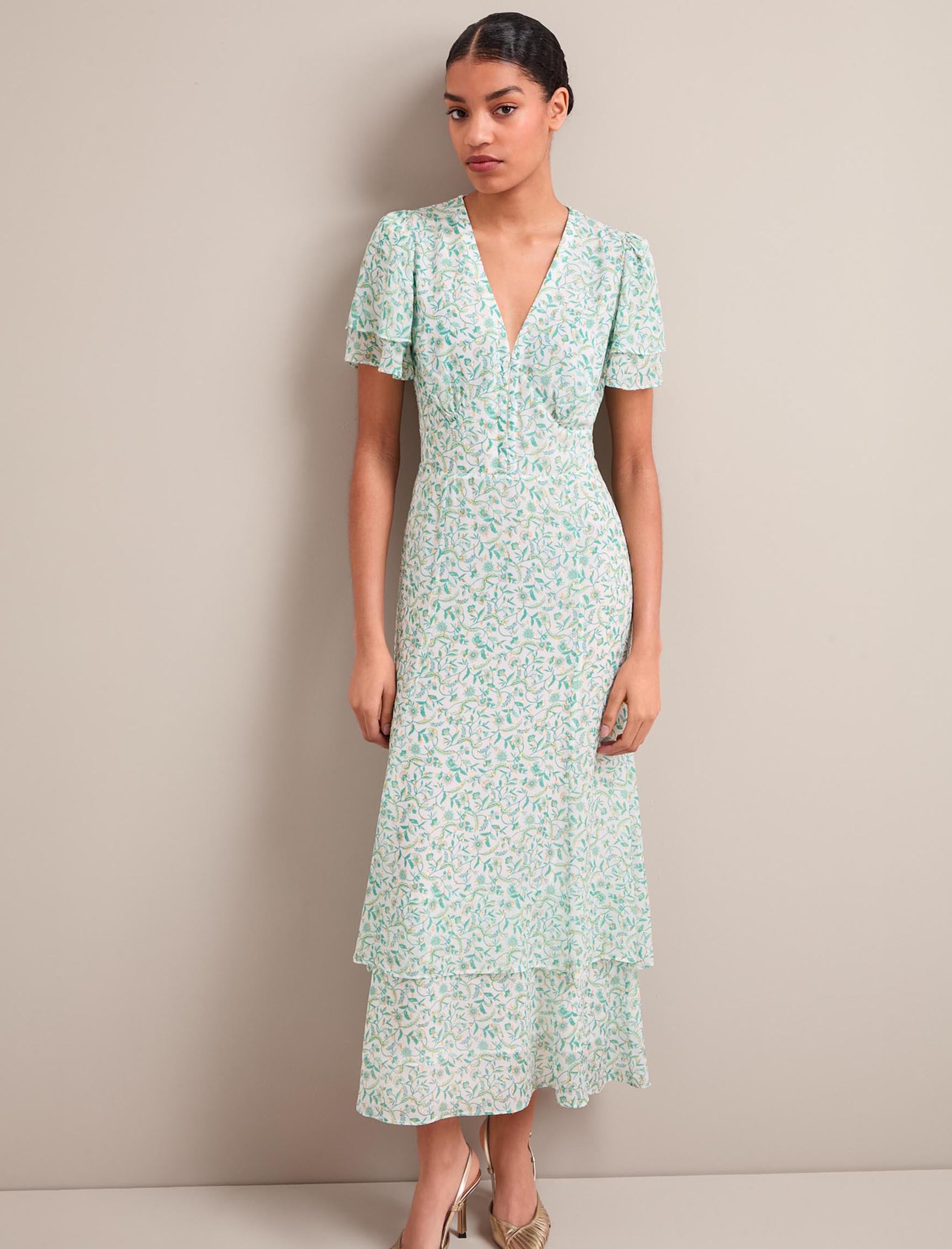 Lotta Gold Metallic Fil Coupé Maxi Dress - Green Yellow Trailing Feather Print - Image 7