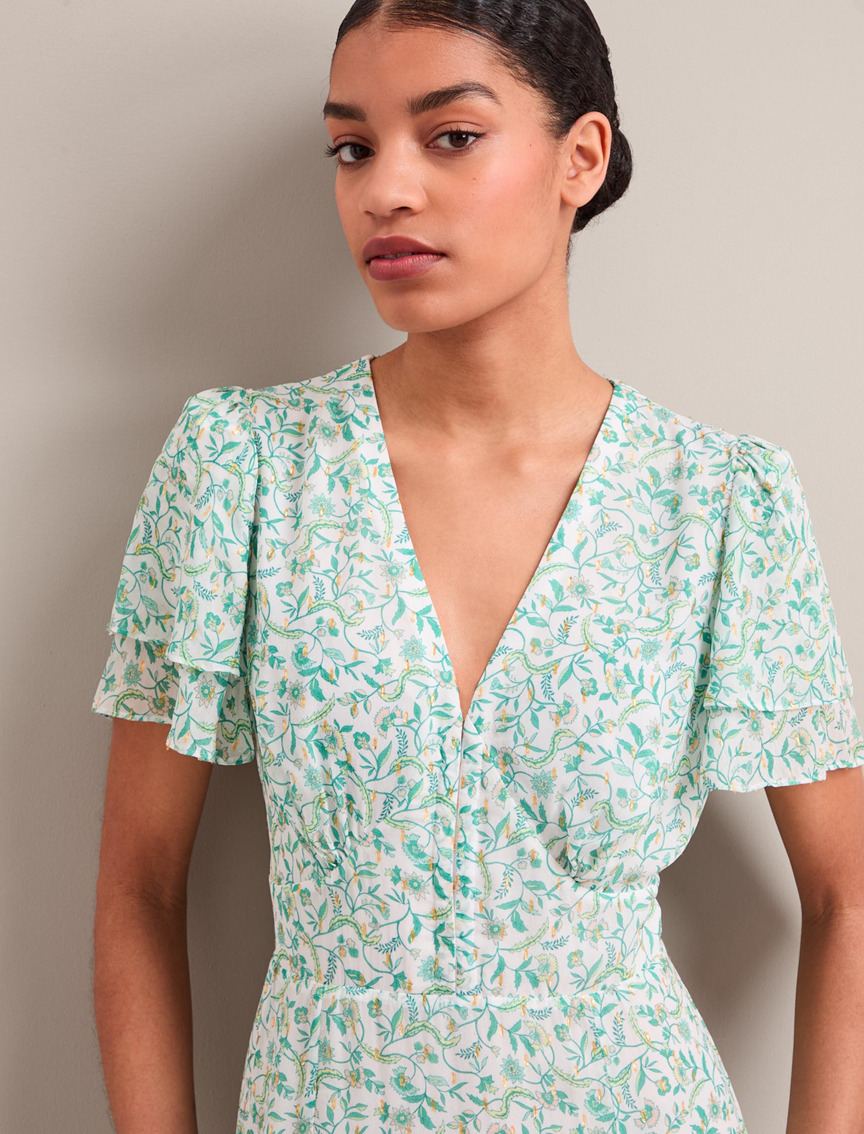 Lotta Gold Metallic Fil Coupé Maxi Dress - Green Yellow Trailing Feather Print - Image 5