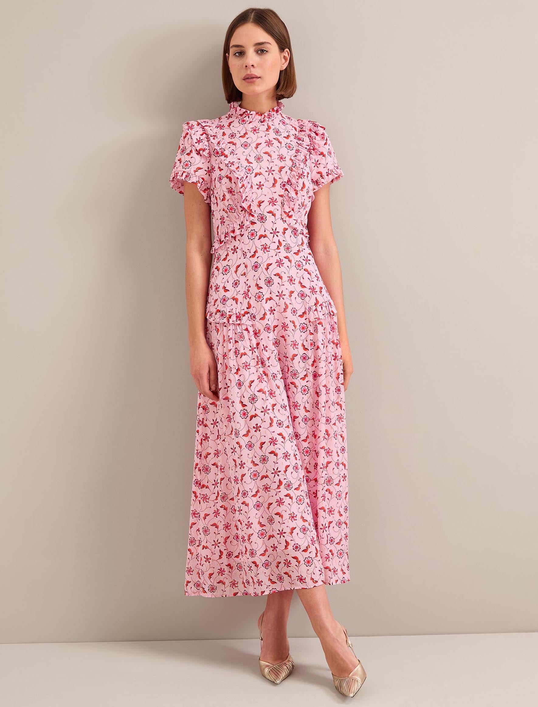 Mirabel Gold Metallic Fil Coupé Maxi Dress - Pink Floral Trellis Print - Image 2