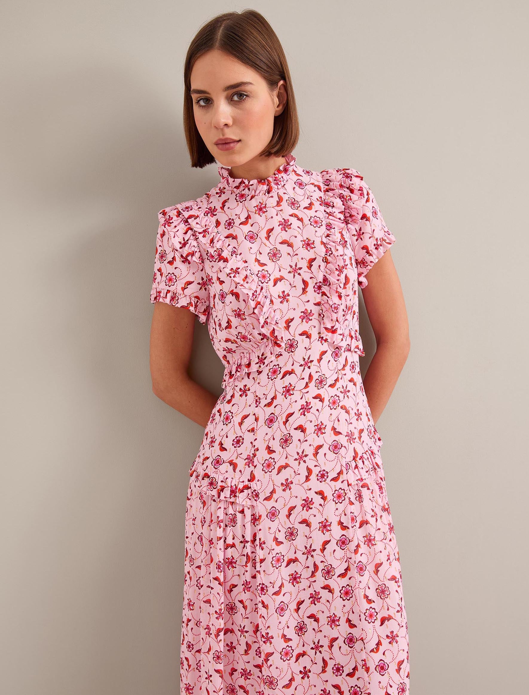 Mirabel Gold Metallic Fil Coupé Maxi Dress - Pink Floral Trellis Print - Image 9