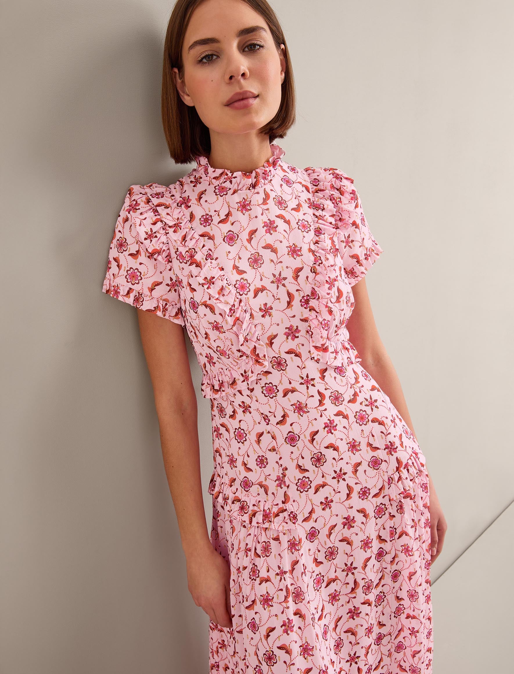 Mirabel Gold Metallic Fil Coupé Maxi Dress - Pink Floral Trellis Print - Image 3